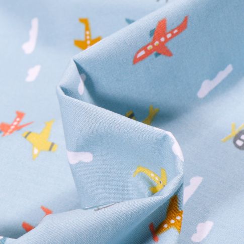 Tissu Coton imprimé Transports aériens sur fond Bleu ciel