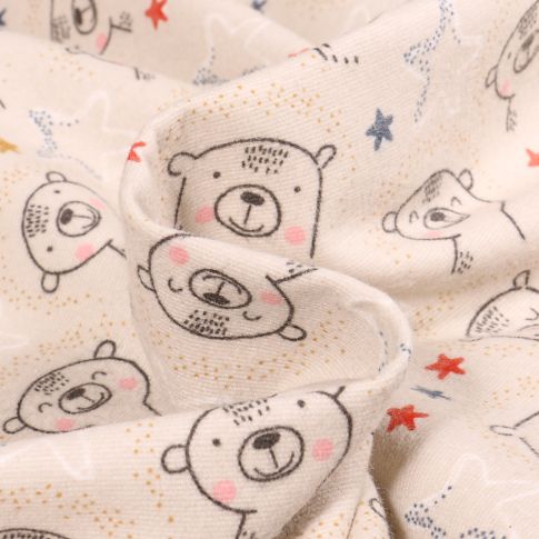Tissu Flanelle Oursons cutie sur fond Ecru