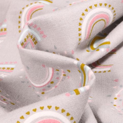 Tissu Flanelle Rainbow pompon sur fond Gris clair