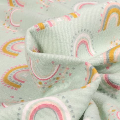 Tissu Flanelle Rainbow pompon sur fond Vert menthe