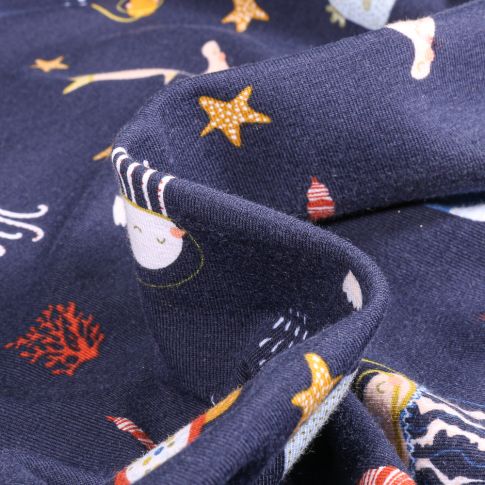 Tissu Jersey Coton Bio Octopus sur fond Bleu marine