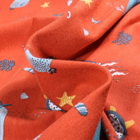 Tissu Jersey Coton Bio Octopus sur fond Orange
