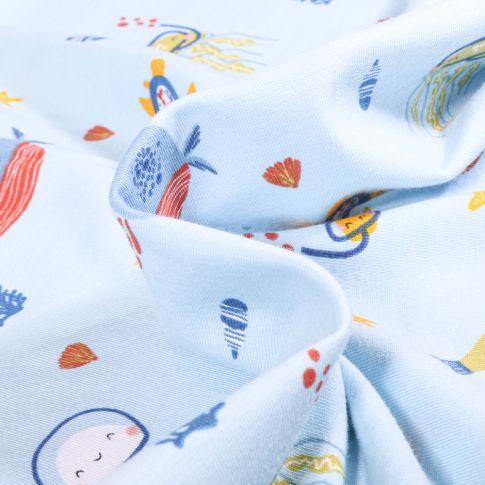 Tissu Jersey Coton Bio Octopus sur fond Bleu ciel