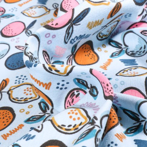 Tissu Jersey Coton Bio Fruits multicolores sur fond Bleu