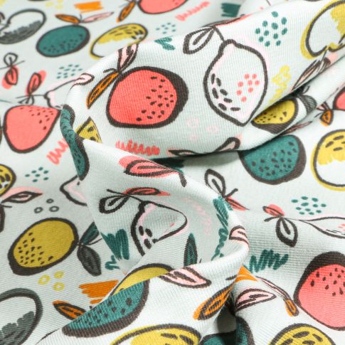 Tissu Jersey Coton Bio Fruits multicolores sur fond Vert menthe clair