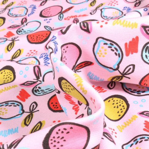 Tissu Jersey Coton Bio Fruits multicolores sur fond Rose