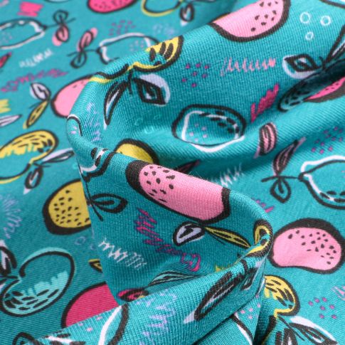 Tissu Jersey Coton Bio Fruits multicolores sur fond Bleu pétrole