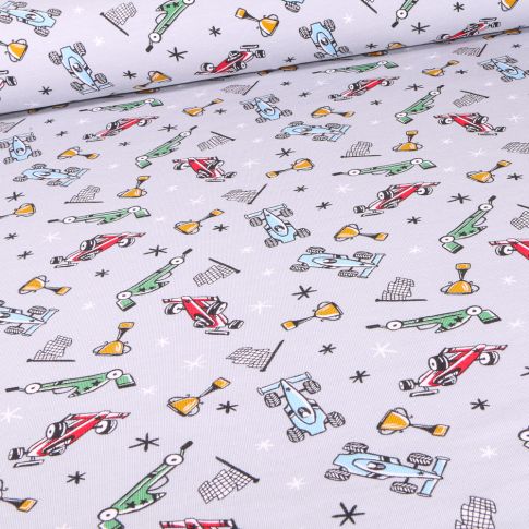 Tissu Jersey Coton Bio Formule 1 sur fond Gris clair