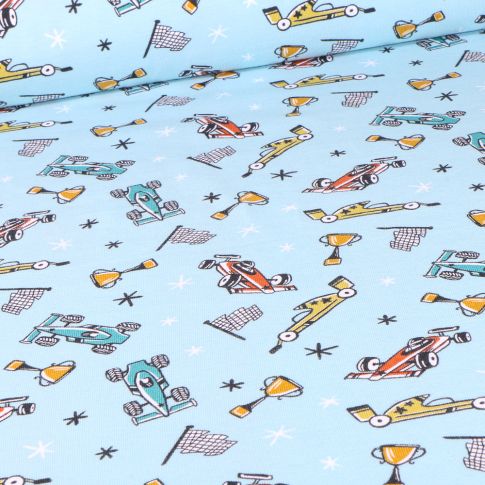 Tissu Jersey Coton Bio Formule 1 sur fond Bleu ciel