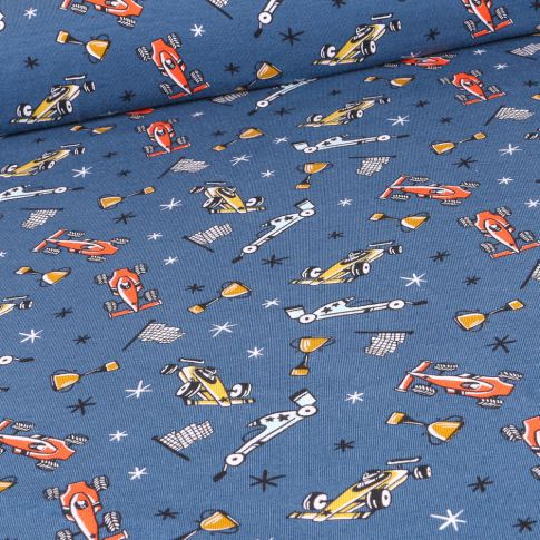 Tissu Jersey Coton Bio Formule 1 sur fond Bleu jean