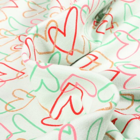 Tissu Jersey coton envers molletonné Coeurs multicolores sur fond Vert menthe