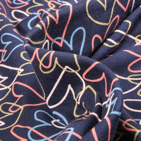 Tissu Jersey coton envers molletonné Coeurs multicolores sur fond Bleu nuit