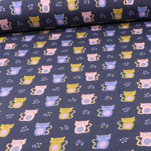 Tissu Jersey Coton pailleté Kitty sur fond Bleu nuit