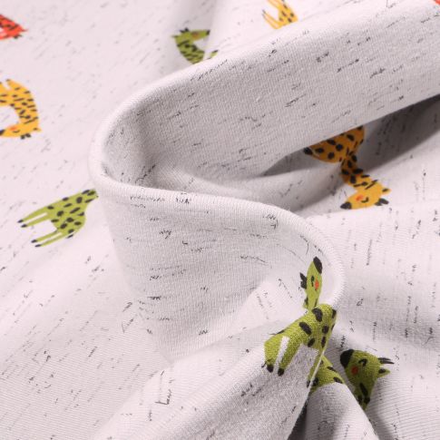 Tissu Jersey Coton Girafe multicolores sur fond Gris chiné