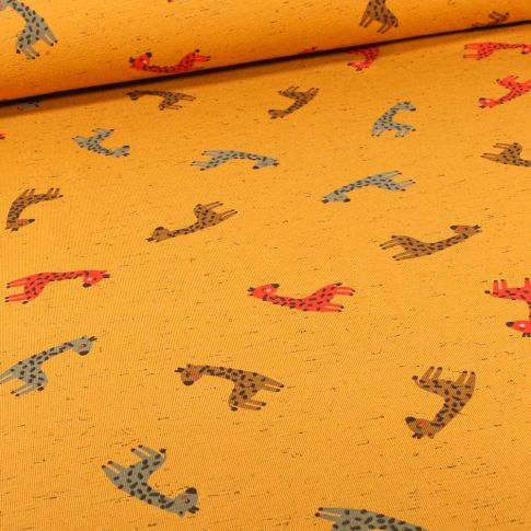 Tissu Jersey Coton Girafe multicolores sur fond Jaune chiné