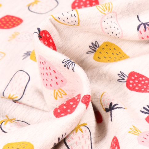 Tissu Jersey coton Fraises dessinées sur fond Blanc chiné