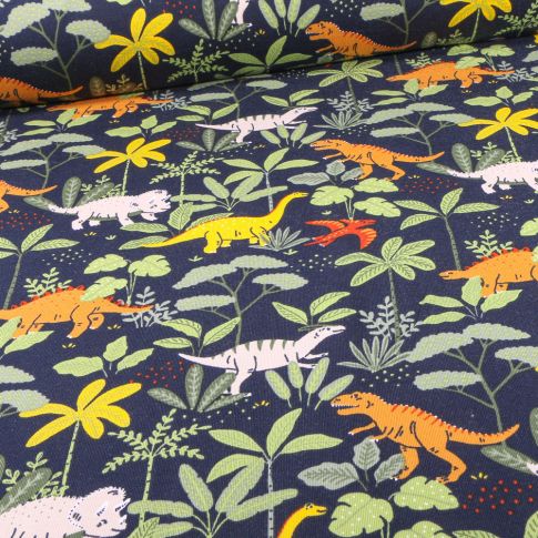 Tissu Jersey coton envers gratté Bio Tyrannosaure sur fond Bleu marine