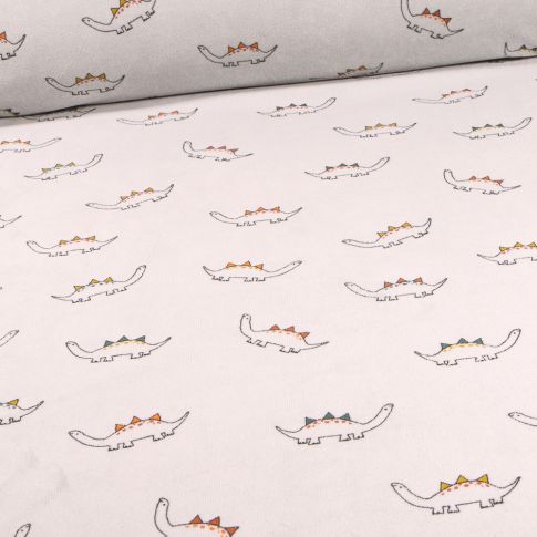 Tissu Jersey Velours tout doux Diplodocus sur fond Gris
