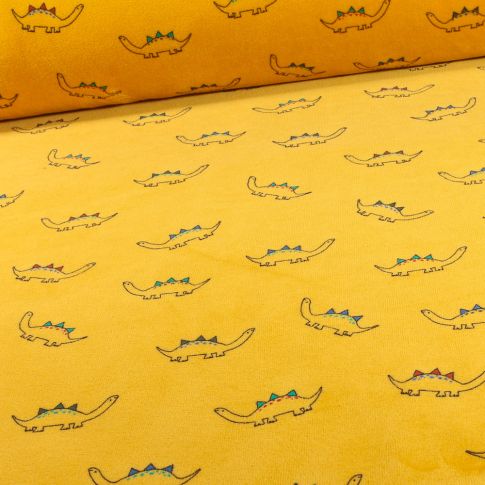 Tissu Jersey Velours tout doux Diplodocus sur fond Jaune