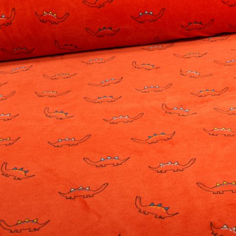Tissu Jersey Velours tout doux Diplodocus sur fond Orange