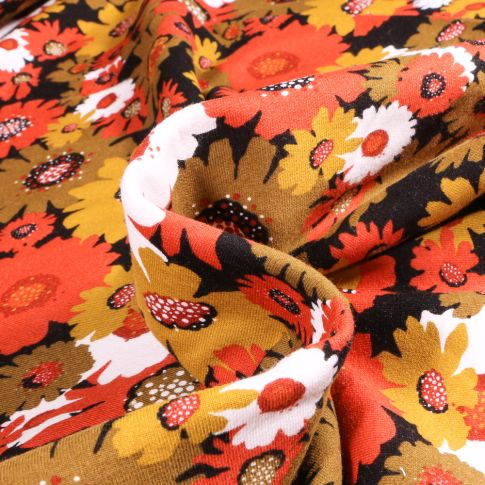 Tissu Jersey Coton envers molletonné Bio Tournesol sur fond Noir
