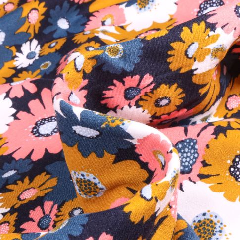 Tissu Jersey Coton envers molletonné Bio Tournesol sur fond Bleu marine