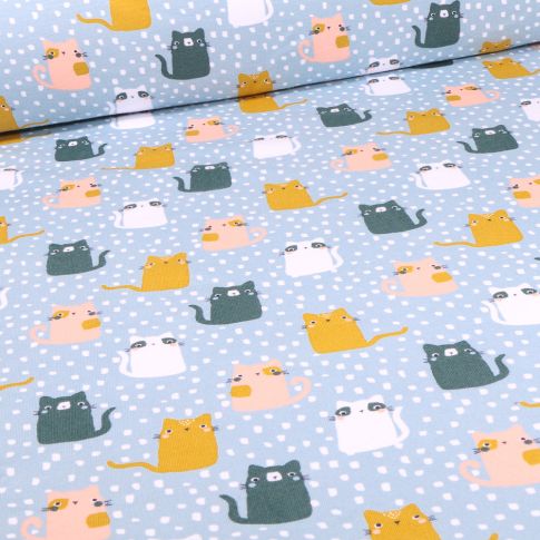 Tissu Jersey Coton envers molletonné Bio Chacha sur fond Bleu ciel