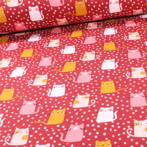 Tissu Jersey Coton envers molletonné Bio Chacha sur fond Rouge foncé