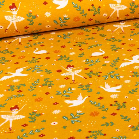 Tissu Jersey Coton envers molletonné Bio Danse des cygnes sur fond Jaune