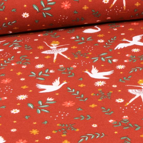 Tissu Jersey Coton envers molletonné Bio Danse des cygnes sur fond Rouge foncé