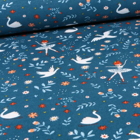 Tissu Jersey Coton envers molletonné Bio Danse des cygnes sur fond Bleu foncé