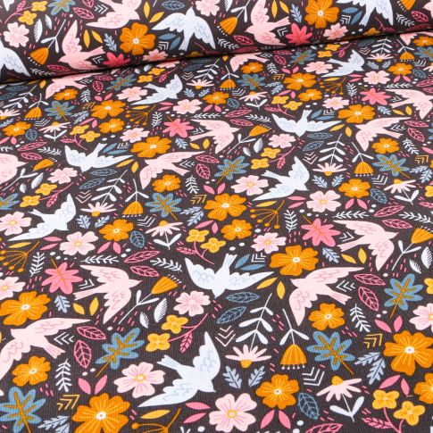 Tissu Velours milleraies Oiseaux et fleurs sur fond Noir