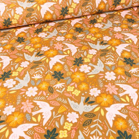 Tissu Velours milleraies Oiseaux et fleurs sur fond Ocre