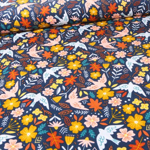 Tissu Velours milleraies Oiseaux et fleurs sur fond Bleu marine