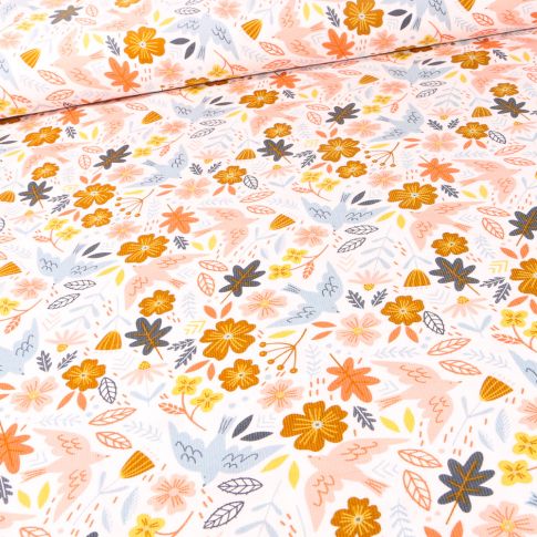 Tissu Velours milleraies Oiseaux et fleurs sur fond Blanc