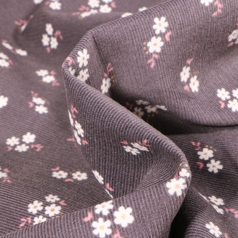 Tissu Velours milleraies Petites fleurs sur fond Gris anthracite
