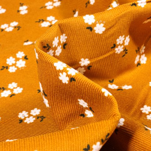 Tissu Velours milleraies Petites fleurs sur fond Ocre