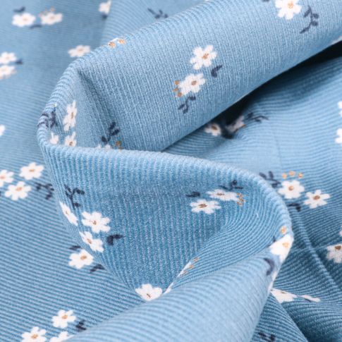 Tissu Velours milleraies Petites fleurs sur fond Bleu