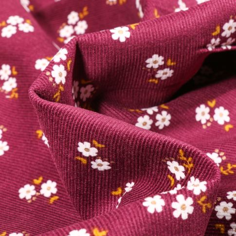 Tissu Velours milleraies Petites fleurs sur fond Bordeaux