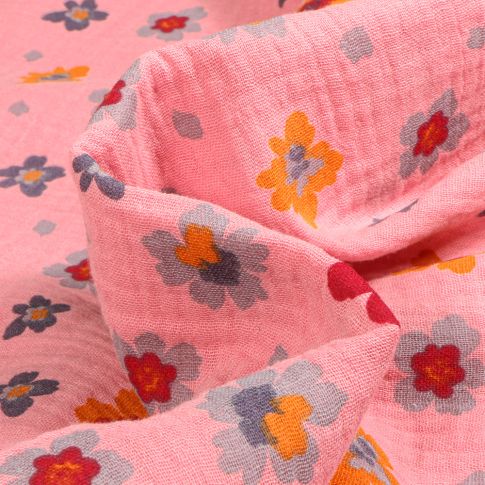 Tissu Double gaze Bio Lily Fleuris sur fond Rose