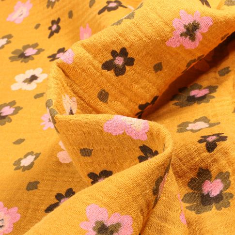 Tissu Double gaze Bio Lily Fleuris sur fond Jaune