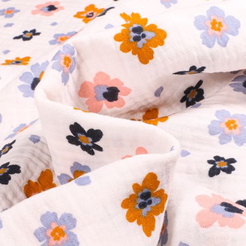 Tissu Double gaze Bio Lily Fleuris sur fond Blanc