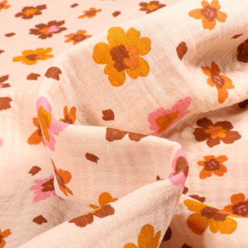 Tissu Double gaze Bio Lily Fleuris sur fond Beige
