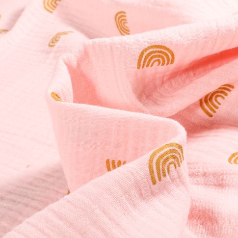 Tissu Double gaze Bio Rainbow sur fond Rose
