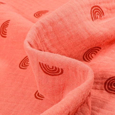 Tissu Double gaze Bio Rainbow sur fond Corail