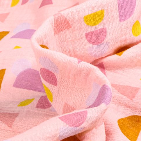 Tissu Double gaze Bio Formes géométriques sur fond Rose