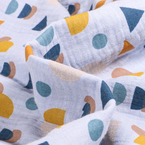 Tissu Double gaze Bio Formes géométriques sur fond Bleu ciel