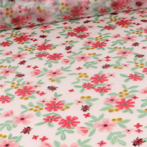 Tissu imperméable Coccinelle et fleurs rose sur fond Transparent