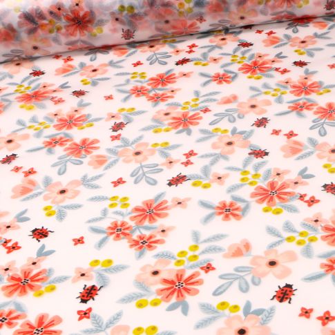 Tissu imperméable Coccinelle et fleurs orange sur fond Transparent