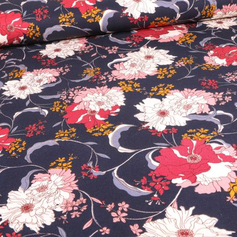 Tissu Jersey Viscose  Gisele sur fond Bleu marine